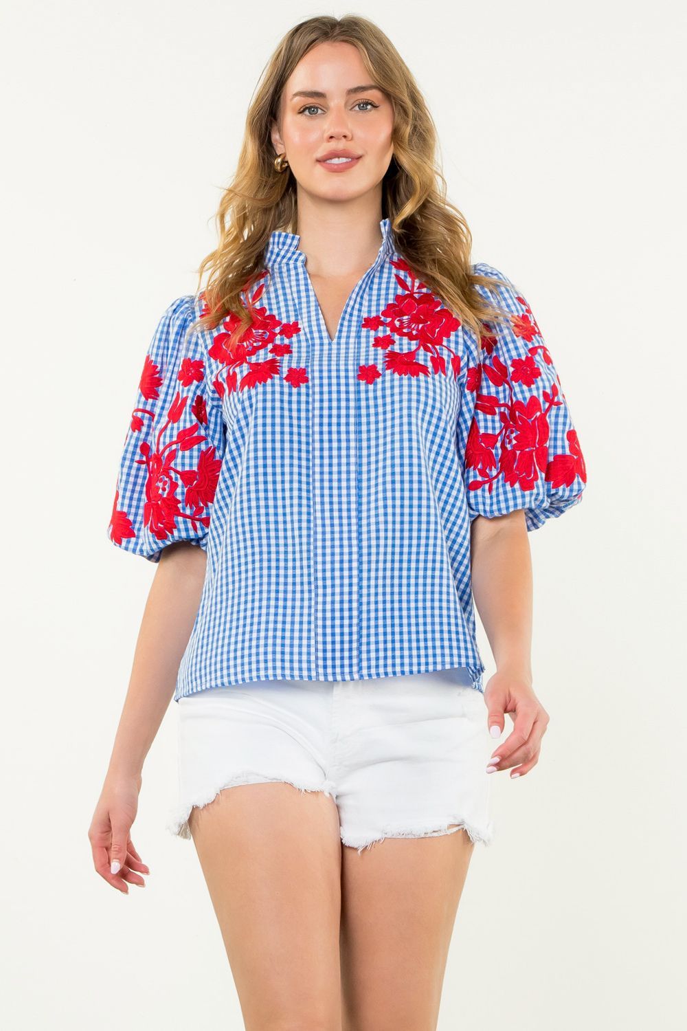 Gingham Embroidered Top