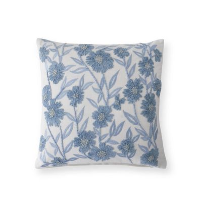 18&quot; Square White Linen &amp; Blue Embroidered Floral Pillow