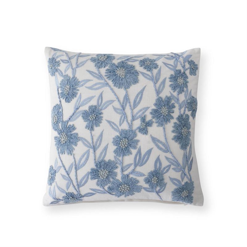 18&quot; Square White Linen &amp; Blue Embroidered Floral Pillow