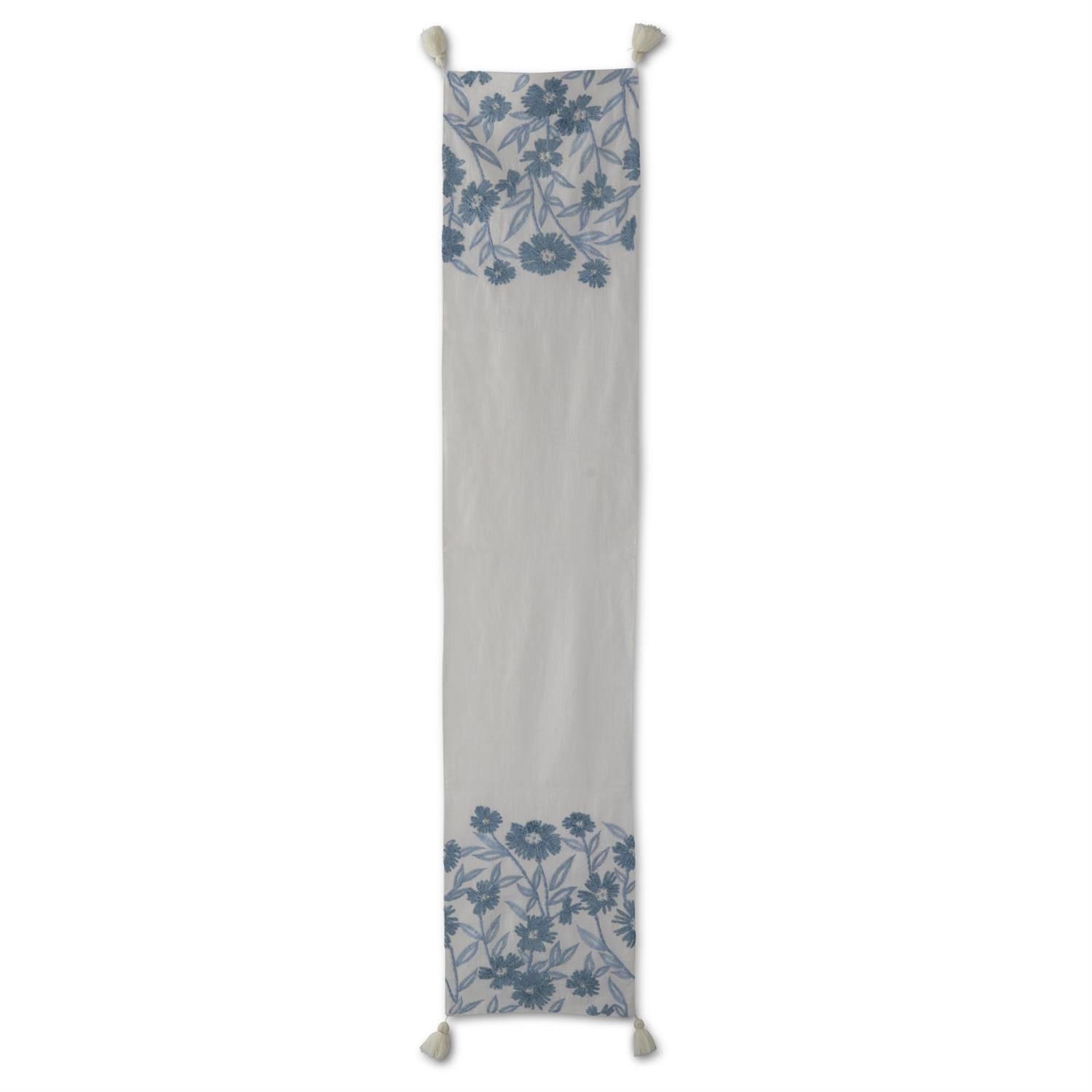 72&quot; White Linen &amp; Blue Embroidered Floral Table Runner