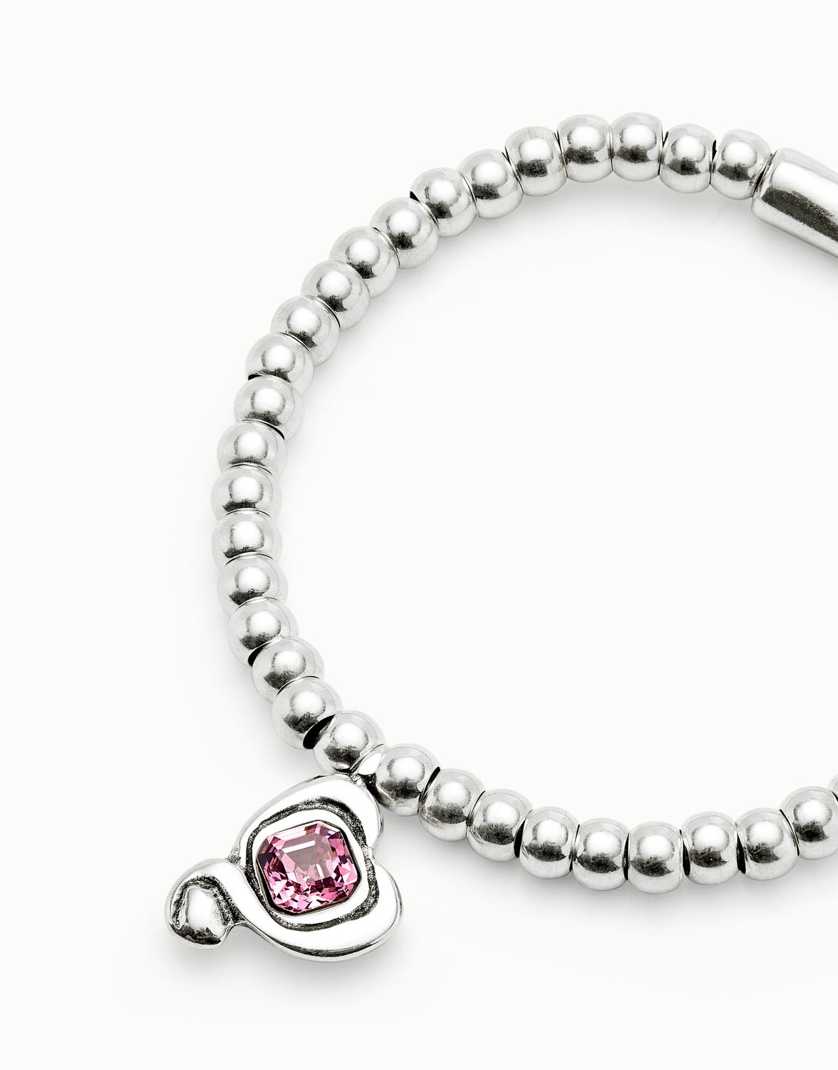 Ser Expresiva  Sterling Silver-Plated Bead Bracelet w/Heart &amp; Pink Crystal