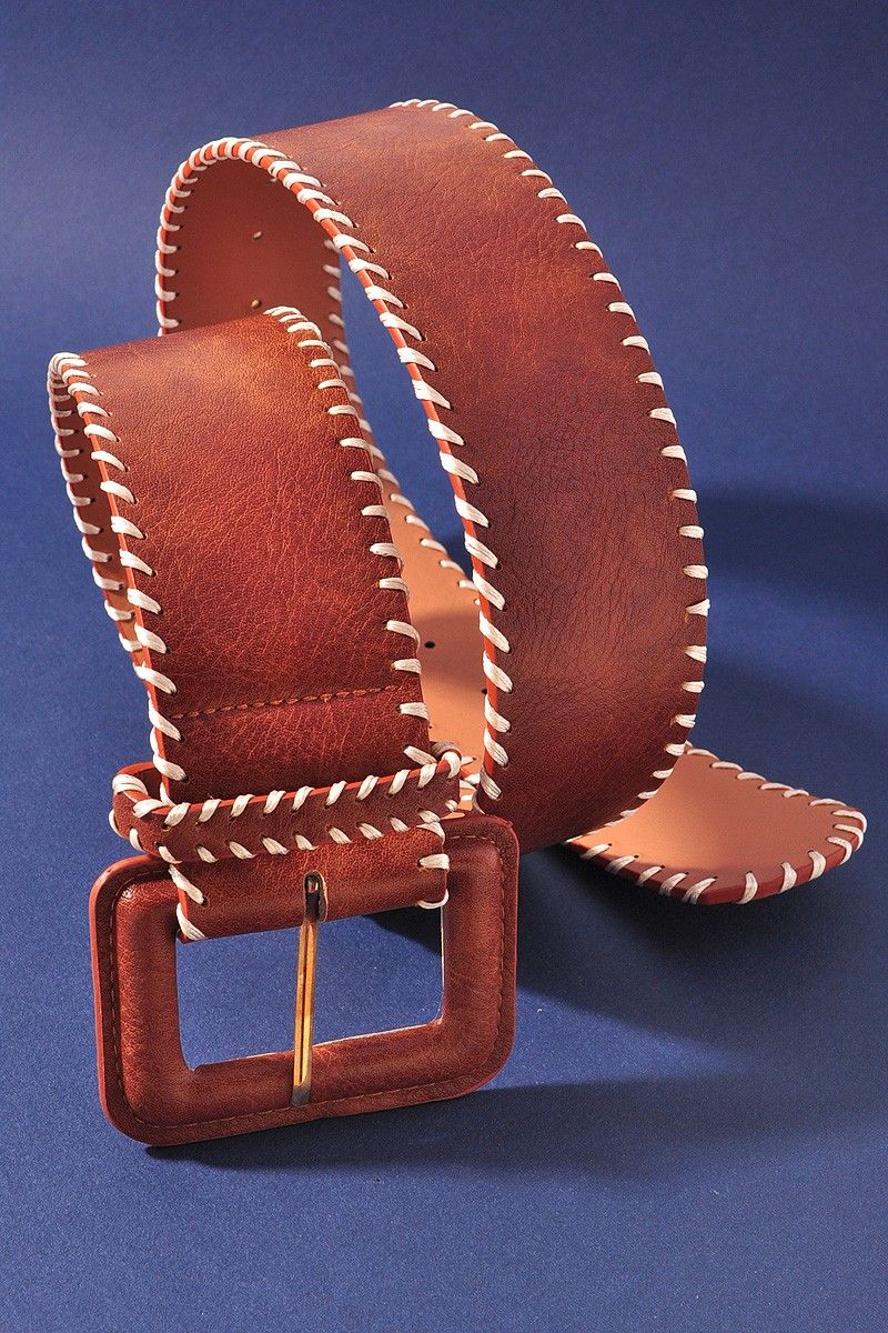 Contrast Whipstitch Belt, Color: Cognac, Size: One Size