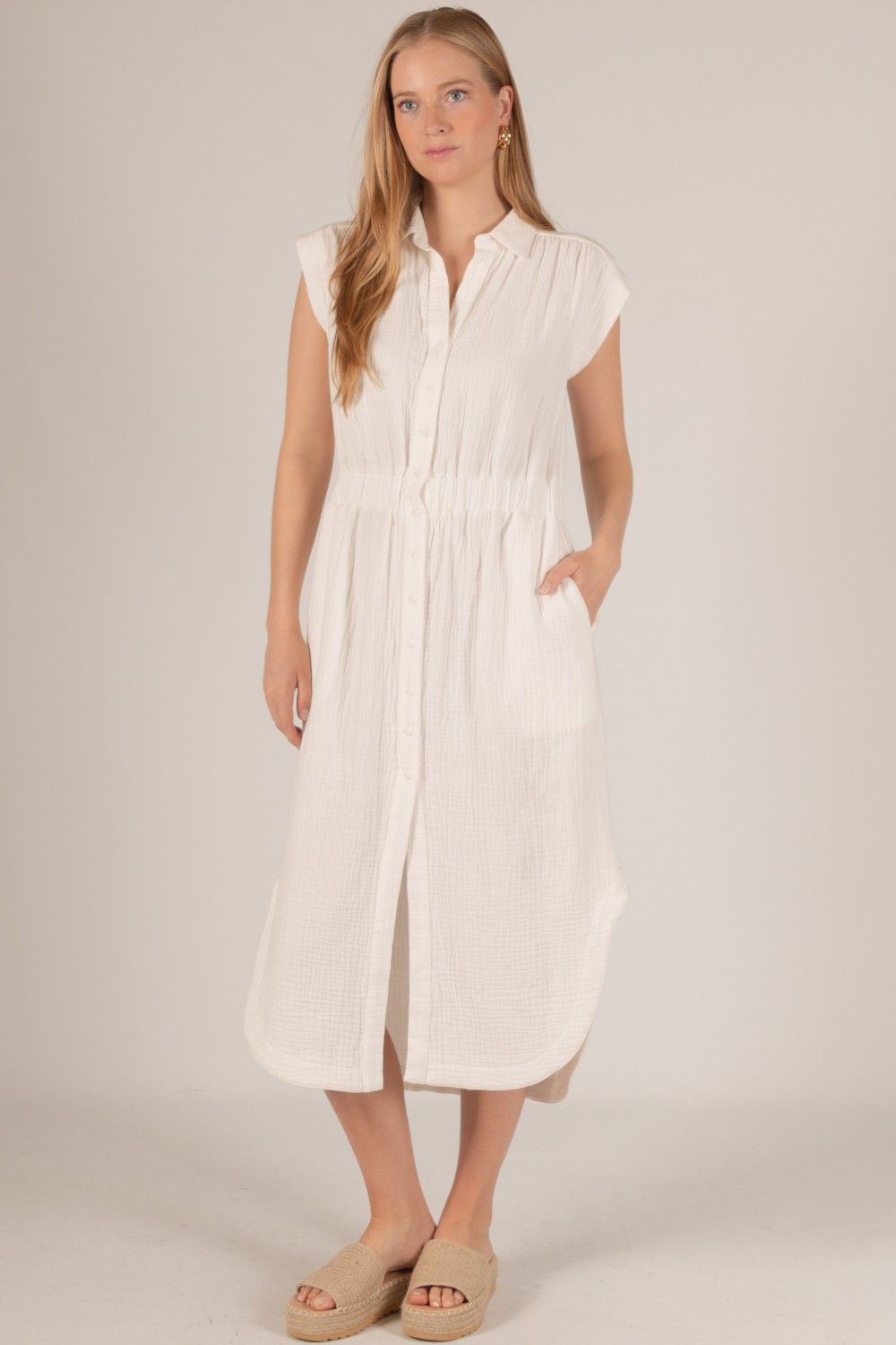 Gauze Sleeveless Button Up Shirt Dress