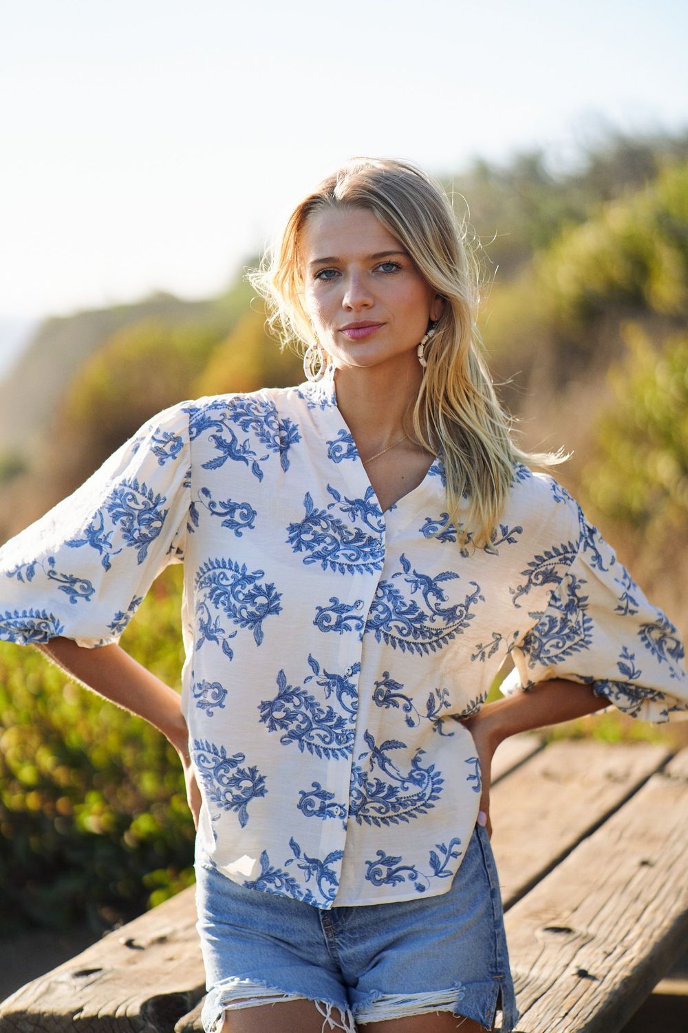 Blue Printed Top w/Balloon Sleeves