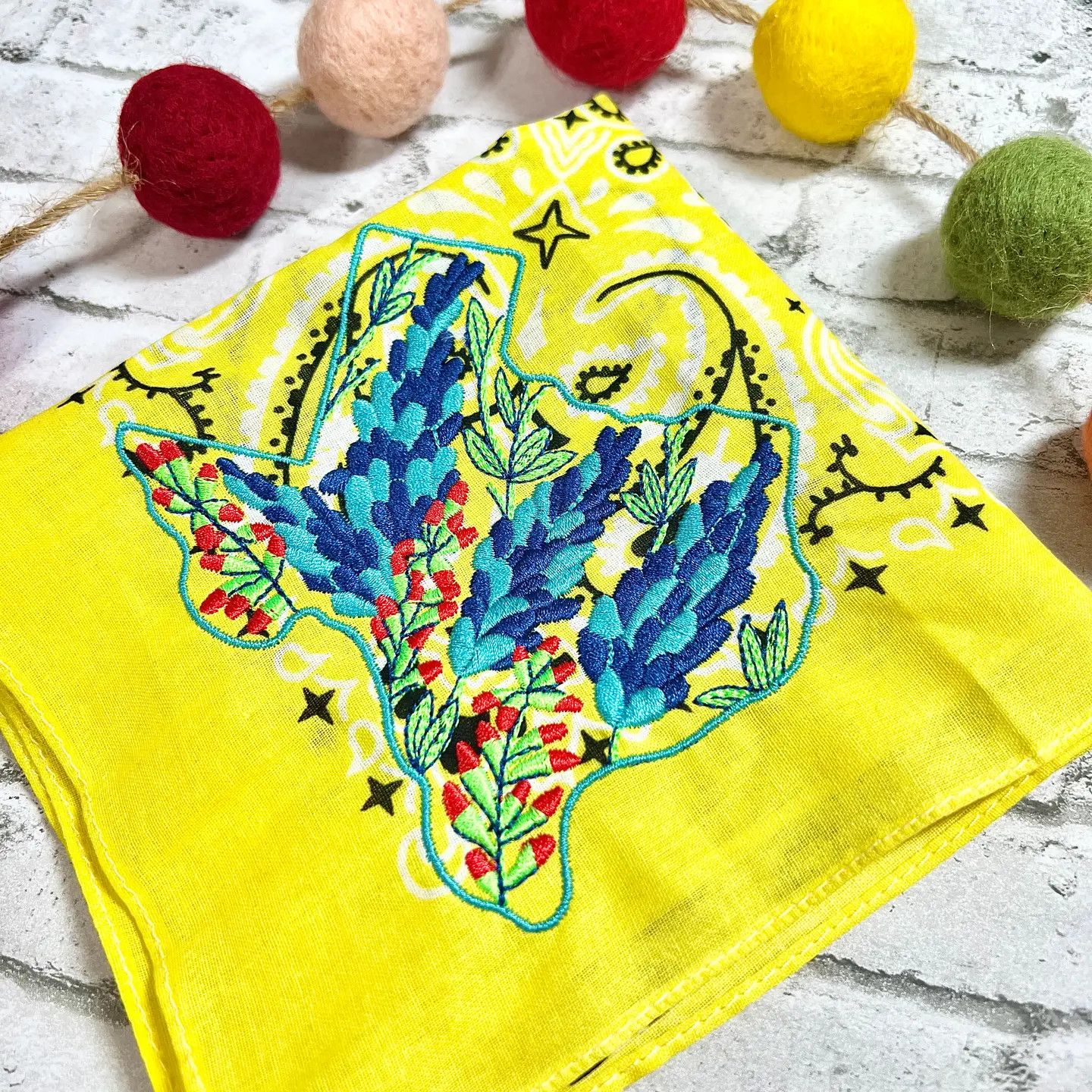 Texas Bluebonnet Embroidered Yellow Bandana