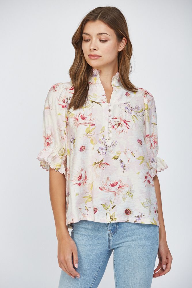 Floral Ruffled Collar Top