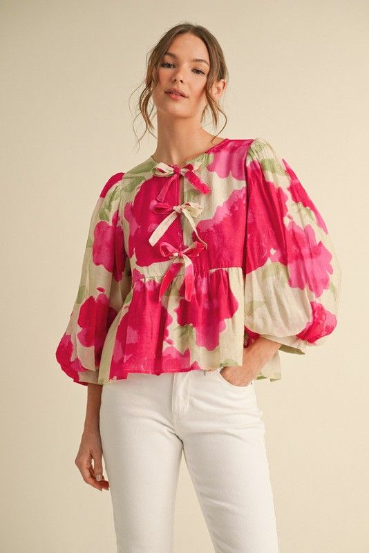 Hot Pink Printed Tie Peplum Top