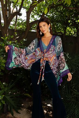 Tie Front Wrap-Teal/Blue