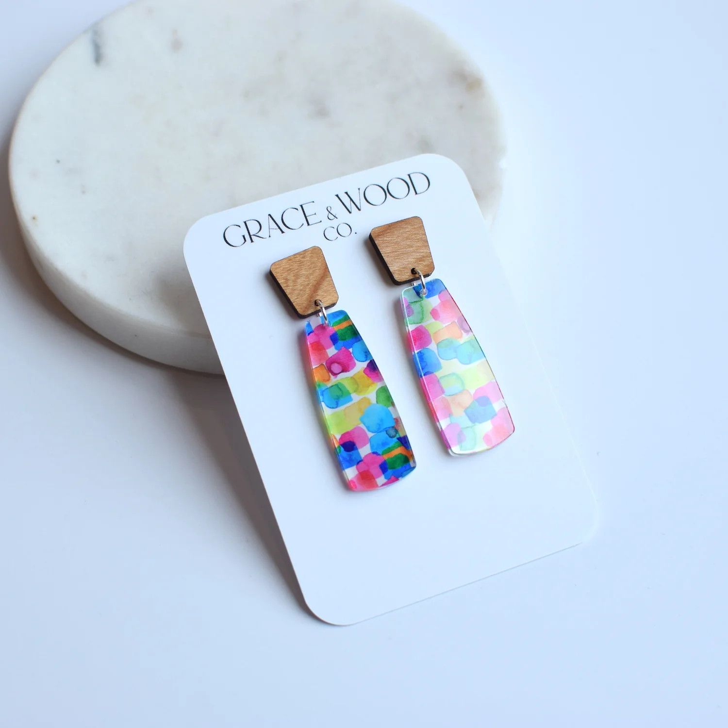 Color Splash Pendant Wood Acrylic Dangle Stud Earring