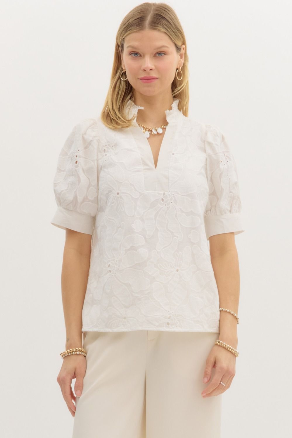 Pleated Ruffle V-Neck Blouse