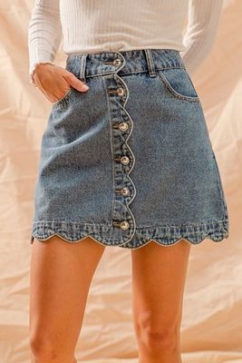 Scallop Buttoned Front Denim Skirt