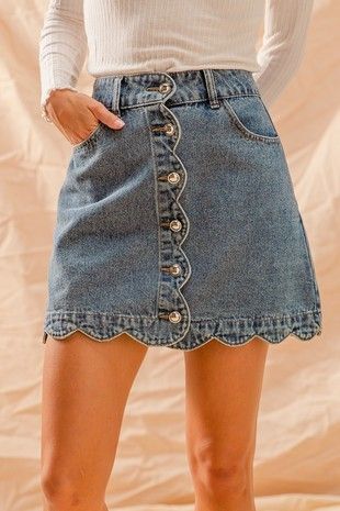 Scallop Buttoned Front Denim Skirt