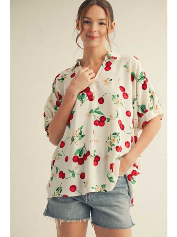 Cherry Print Top w/Collar