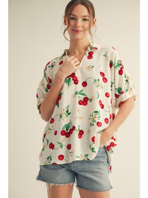 Cherry Print Top w/Collar