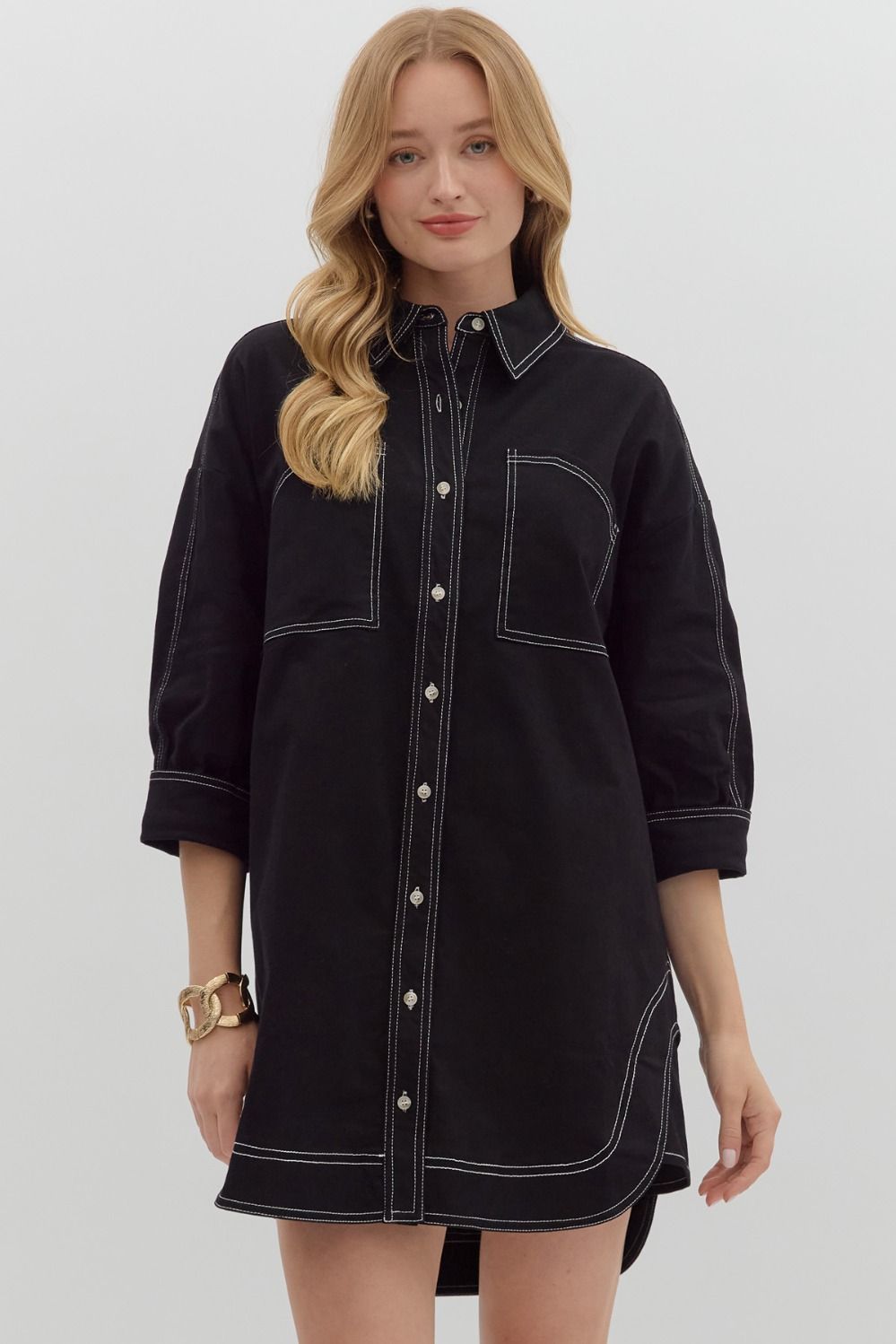 Shirt Dress w/Stitching, Color: Black, Size: Small