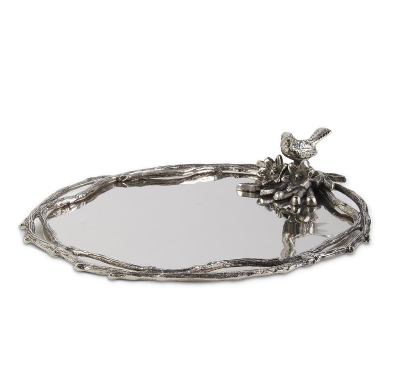 13.25&quot; Silver Nickel Platter w/Bird &amp; Twigs