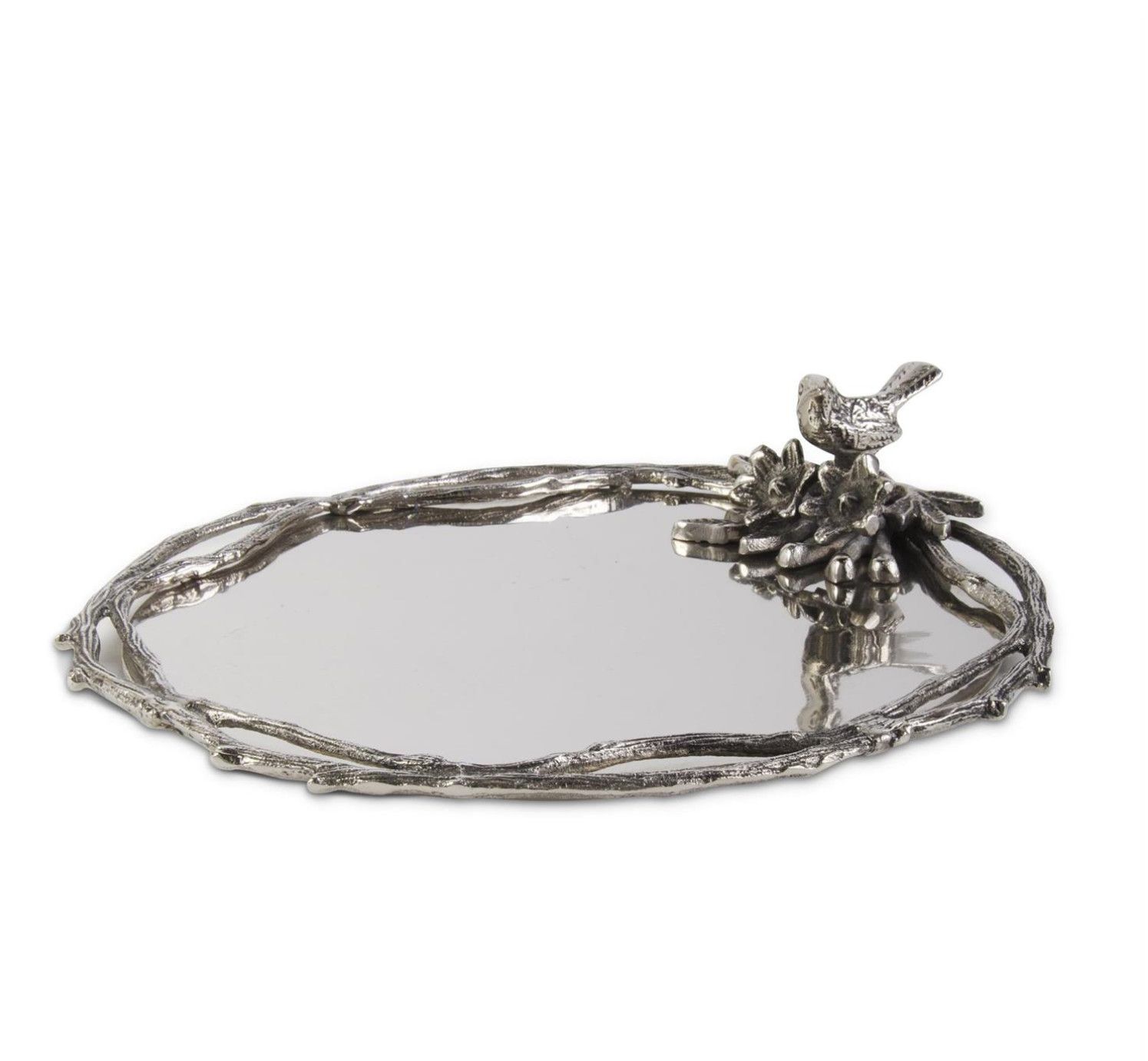 13.25&quot; Silver Nickel Platter w/Bird &amp; Twigs