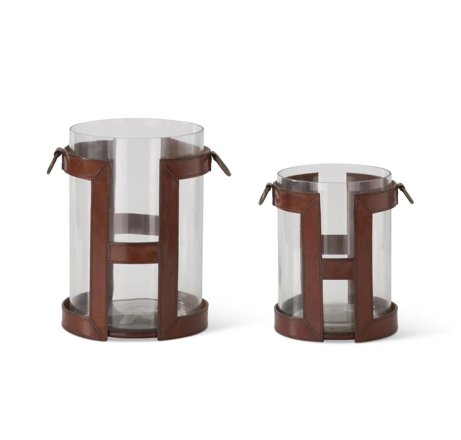 Brown Leather Framed Glass Hurricanes