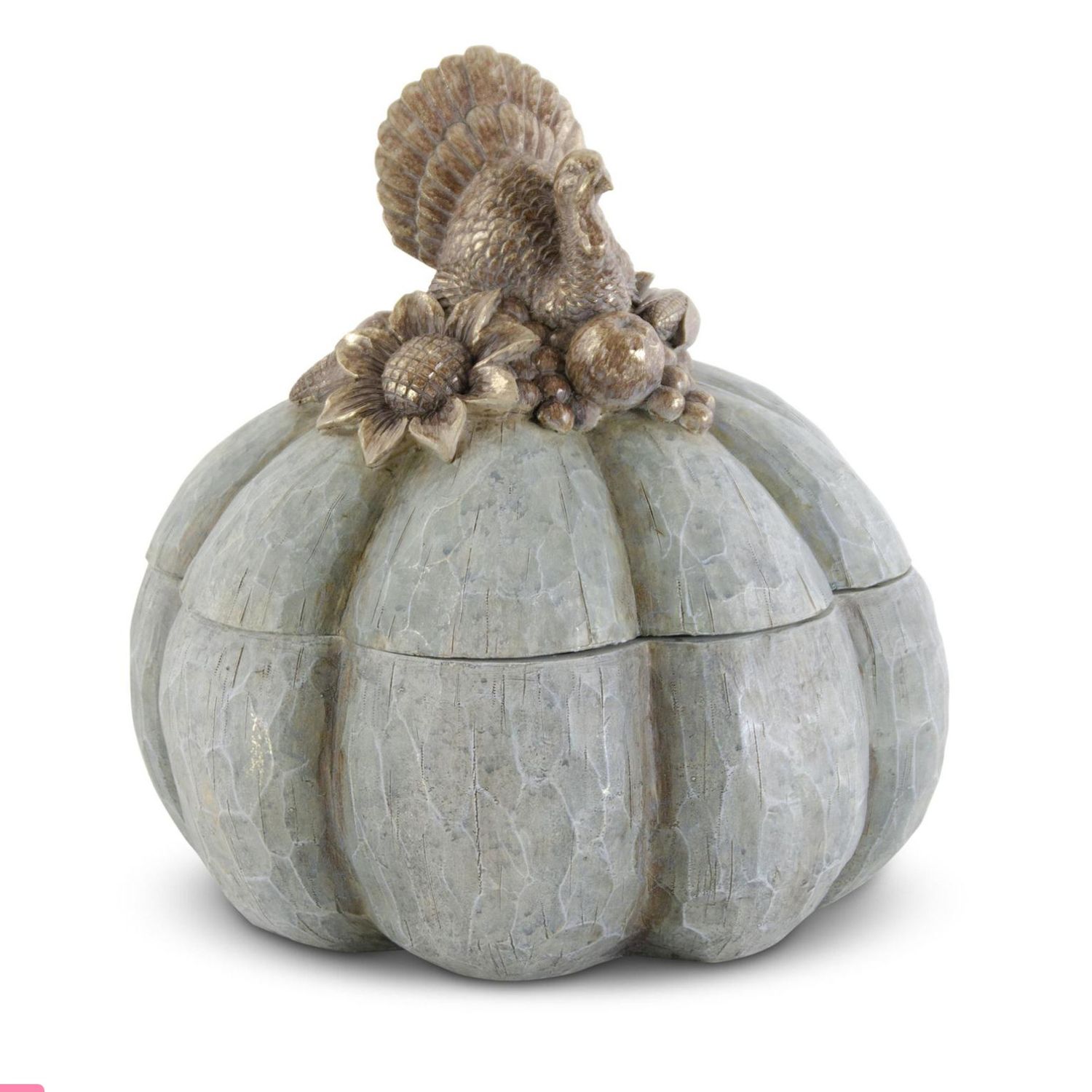 12.25&quot; Carved Pumpkin Container w/Gold Turkey
