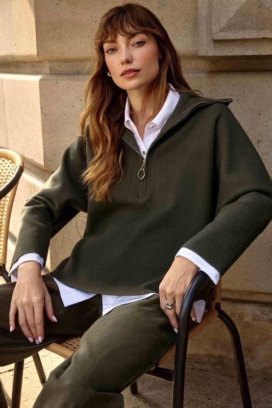 Sweater Knit Boxy Pullover w/Zipped Collar