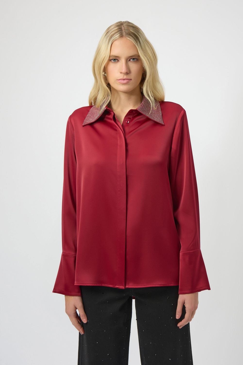 Satin Blouse w/Embellished Collar