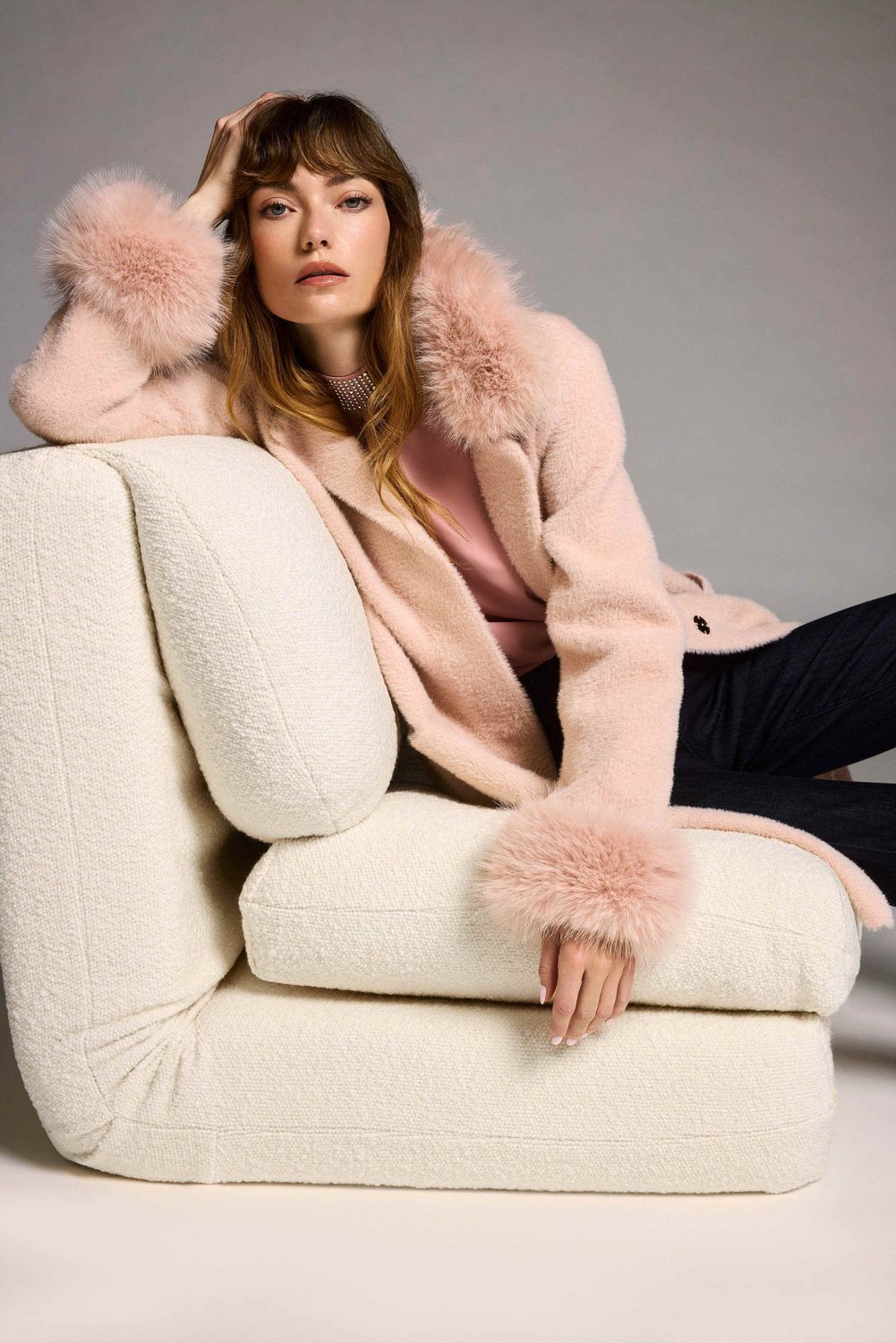 Feather Yarn &amp; Faux Fur Sweater Coat