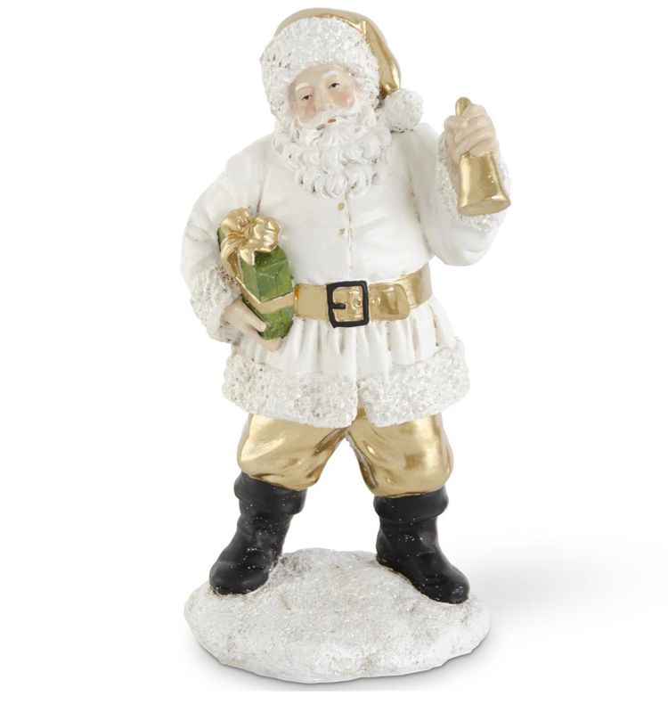 12.25&quot; White &amp; Gold Santa w/Package &amp; Bell