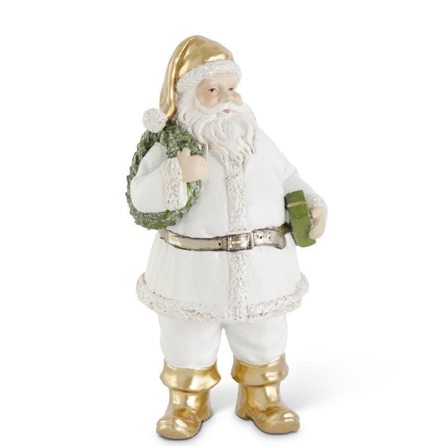 9.75&quot; White &amp; Gold Resin Santa w/Wreath &amp; Package
