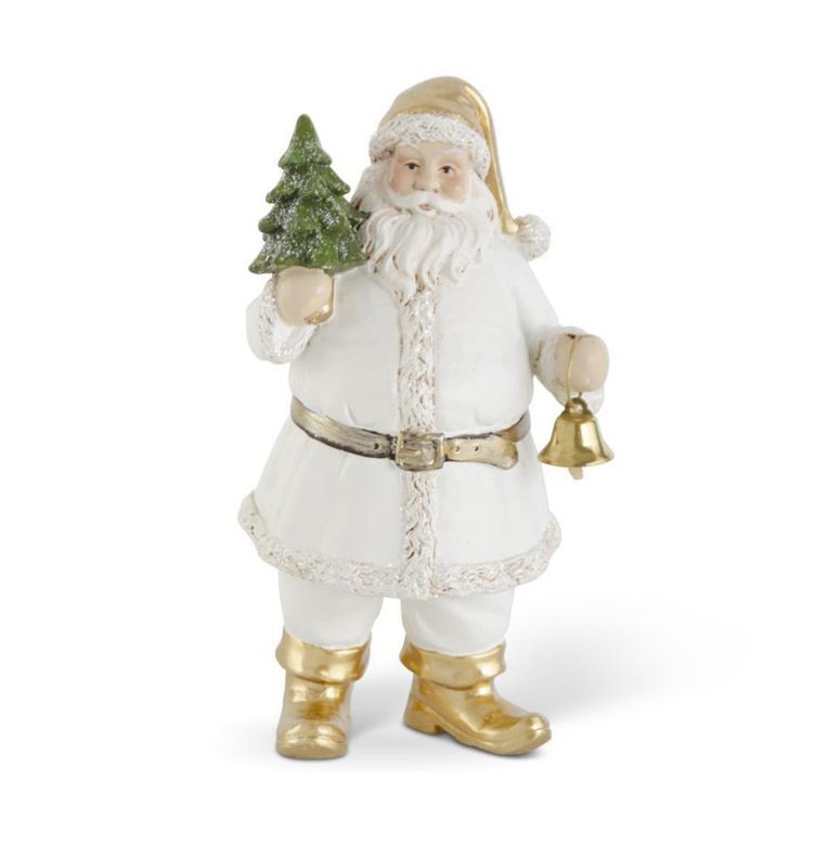 7.5&quot; White &amp; Gold Santa w/Tree &amp; Bell