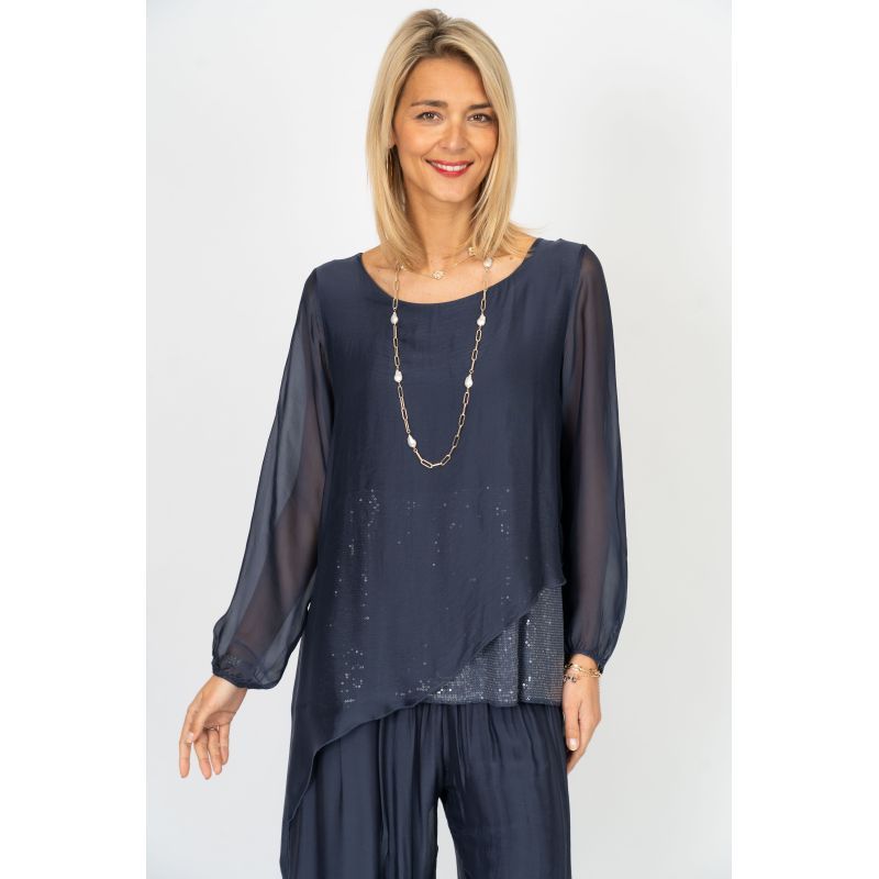 Silk Blouse w/Sequins OS-Navy