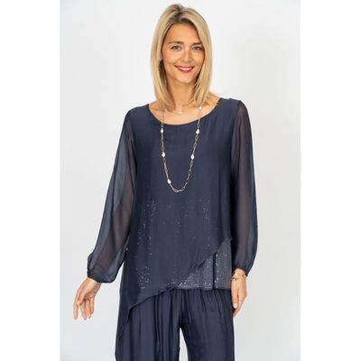 Silk Blouse w/Sequins OS-Navy