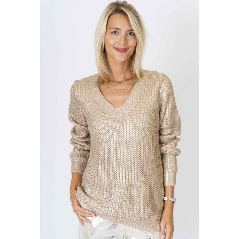 V-Neck Shimmer Knitted Sweater-Light Camel
