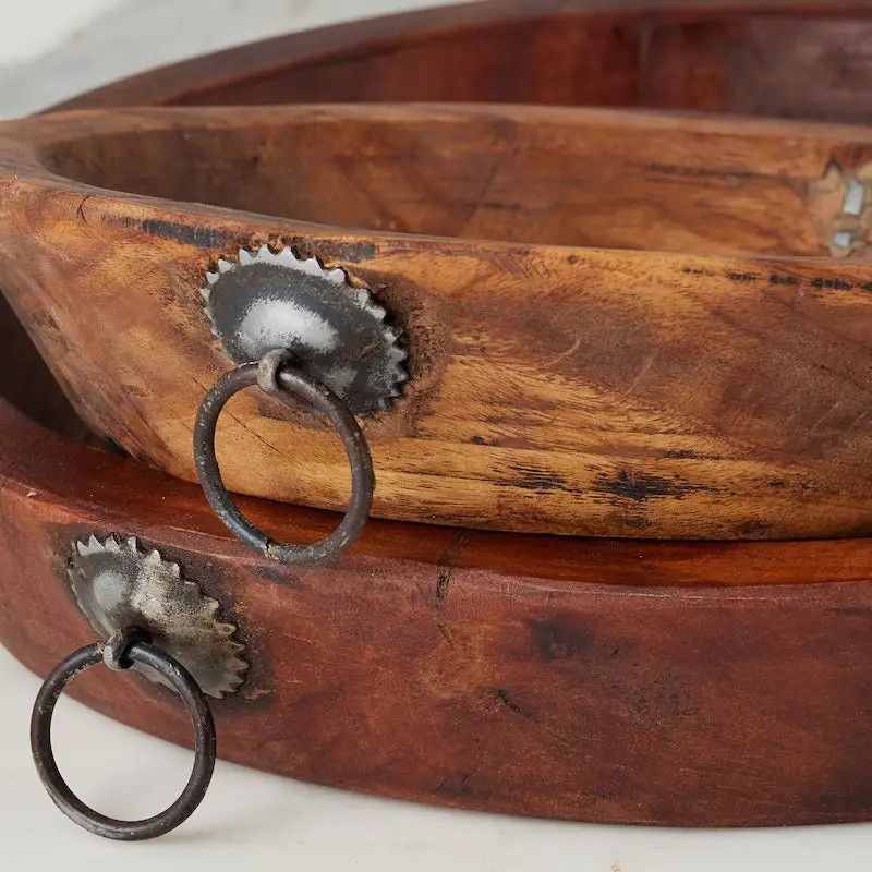 Vintage Wood Bowl w/Iron Handle-Small