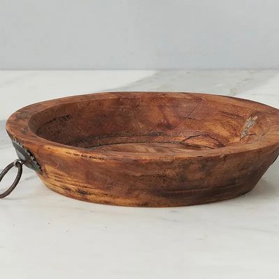 Vintage Wood Bowl w/Iron Handle-Small