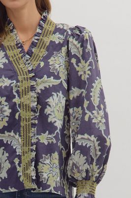 Floral Ruffle Trim Top