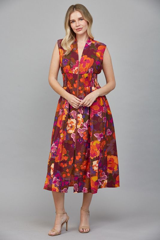Floral Print Zipper Midi Dress