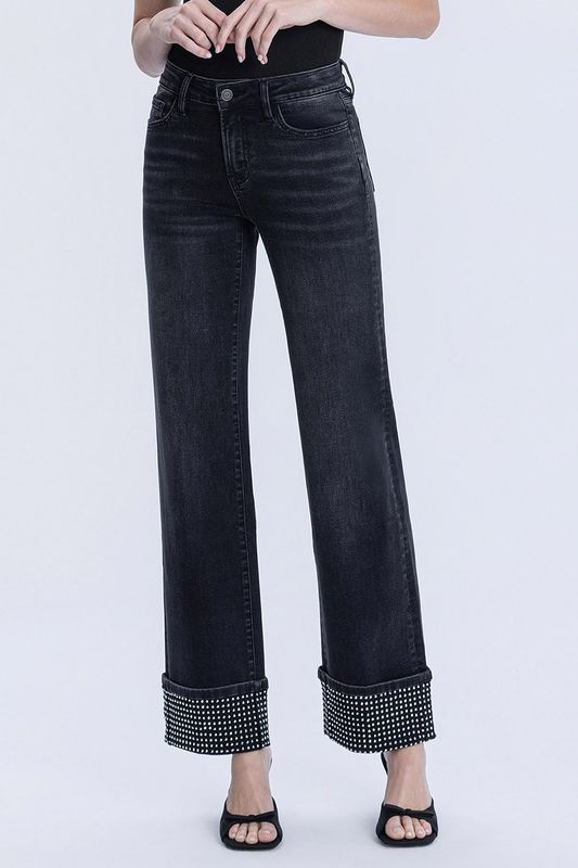 Rhinestone Cuffed Black Jean