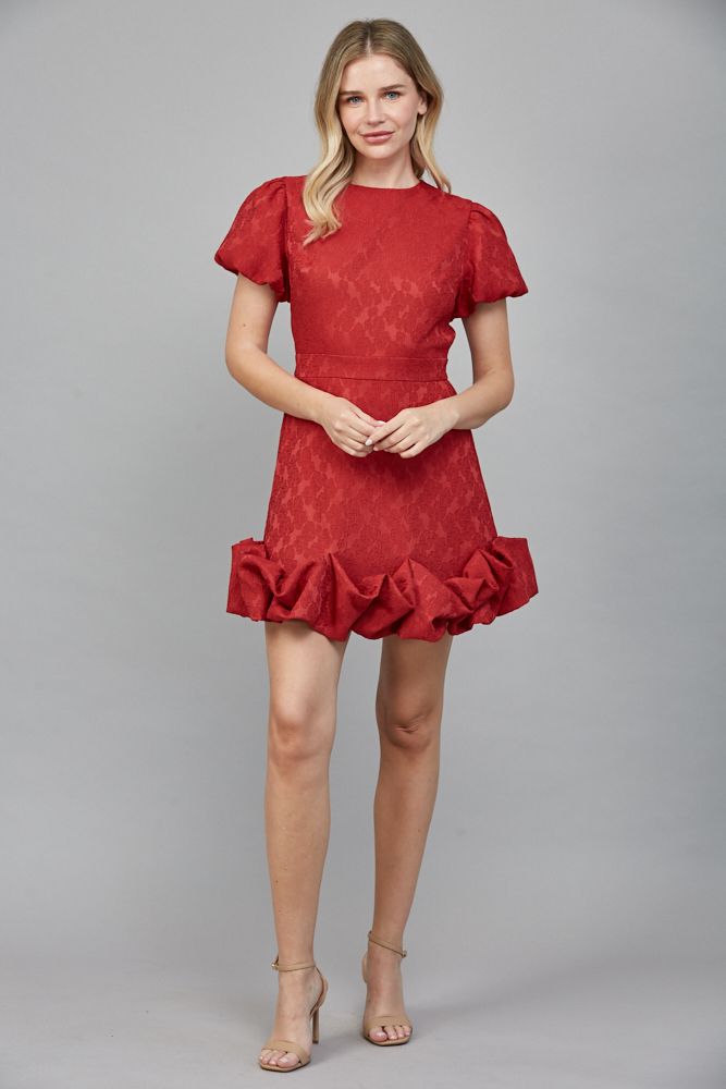 Red Floral Pattern Jacquard Puff Sleeve Dress