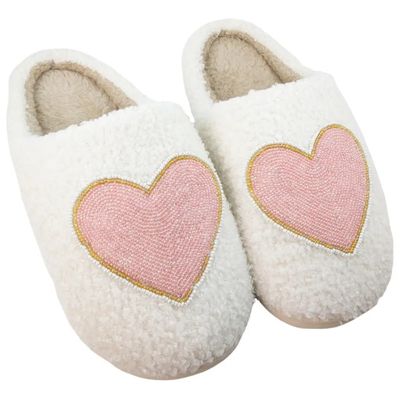 Beaded Pink &amp; Gold Heart Slippers
