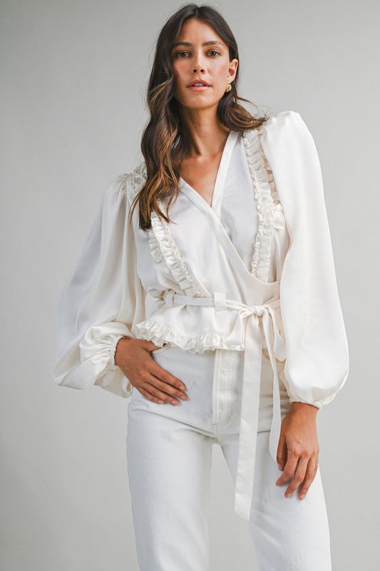 Satin Frill Trim Wrap Blouse