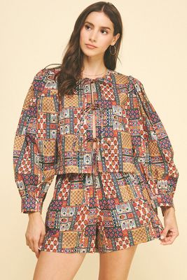 Patchwork Tie-Front Blouse