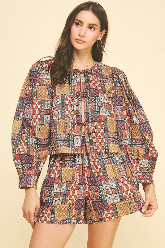 Patchwork Tie-Front Blouse