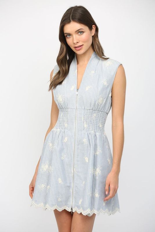 Floral Striped Smock Waist Zip Dress