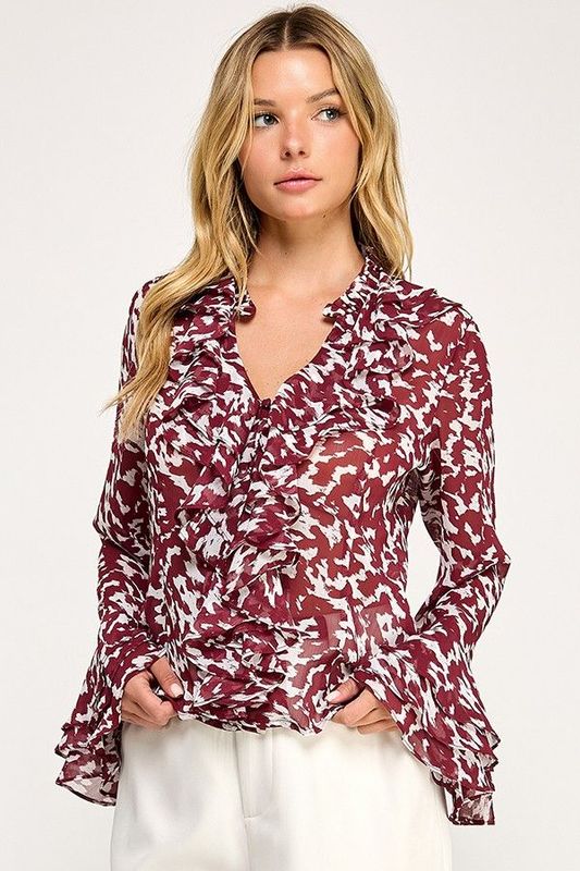 Wine Chiffon Ruffle Top