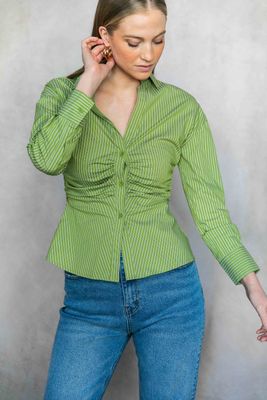 Striped Gathered Button Up Shirt
