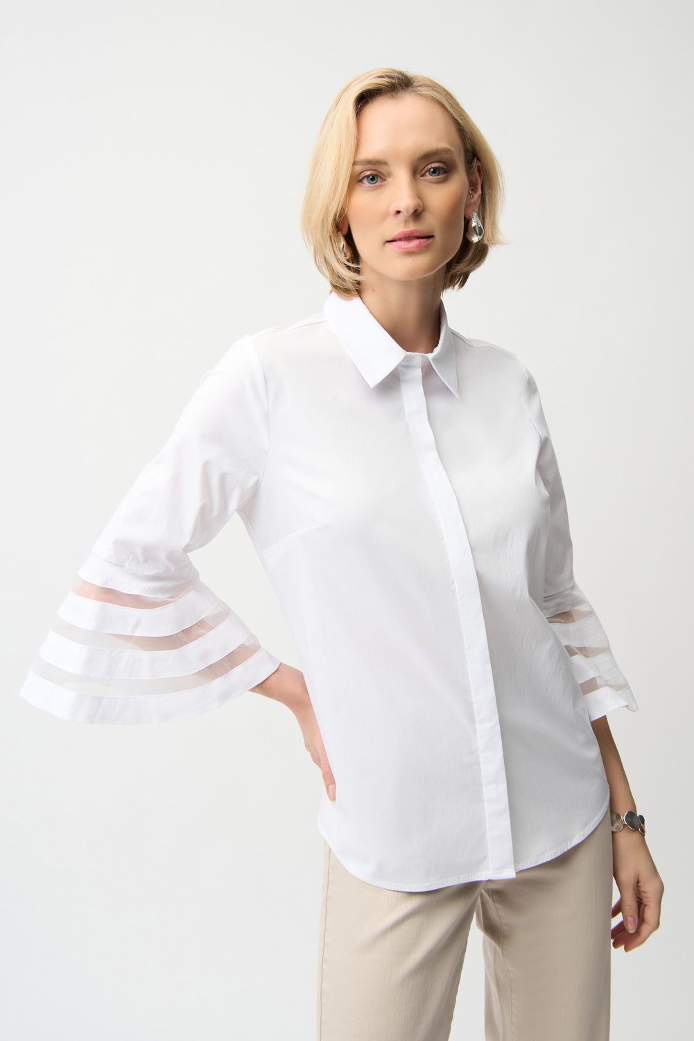 Stretch Poplin Blouse w/Organza Bell Sleeves