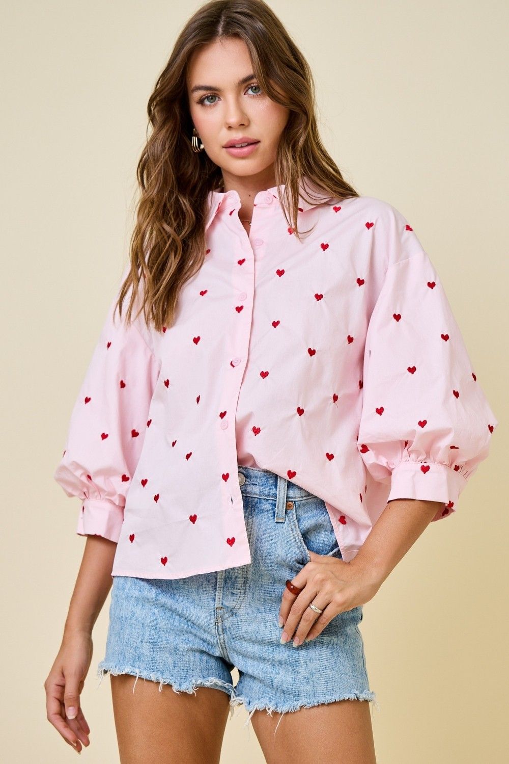 Heart Embroidered Button Down Shirt