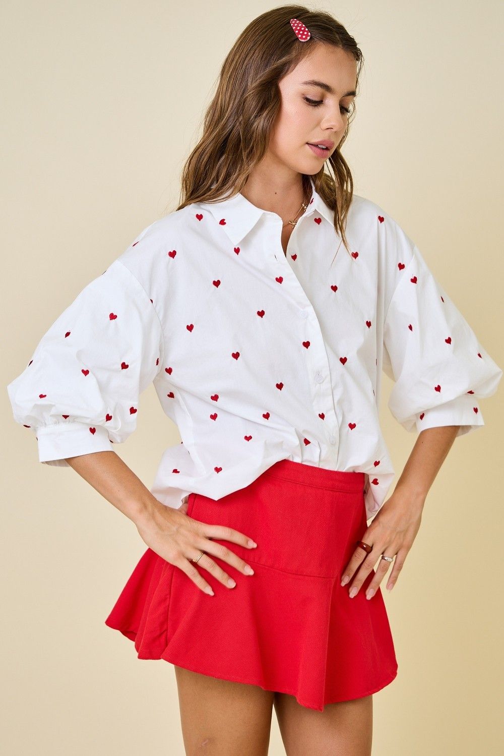 Heart Embroidered Button Down Shirt