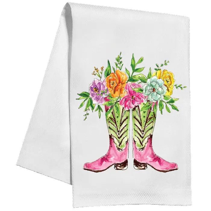 Pink &amp; Green Boots w/Flowers Kitchen Towel