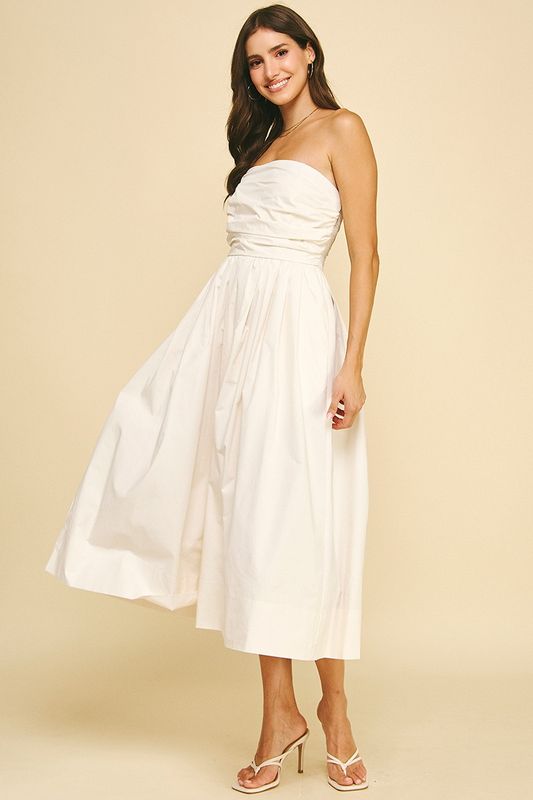 Shirring Strapless Midi Dress
